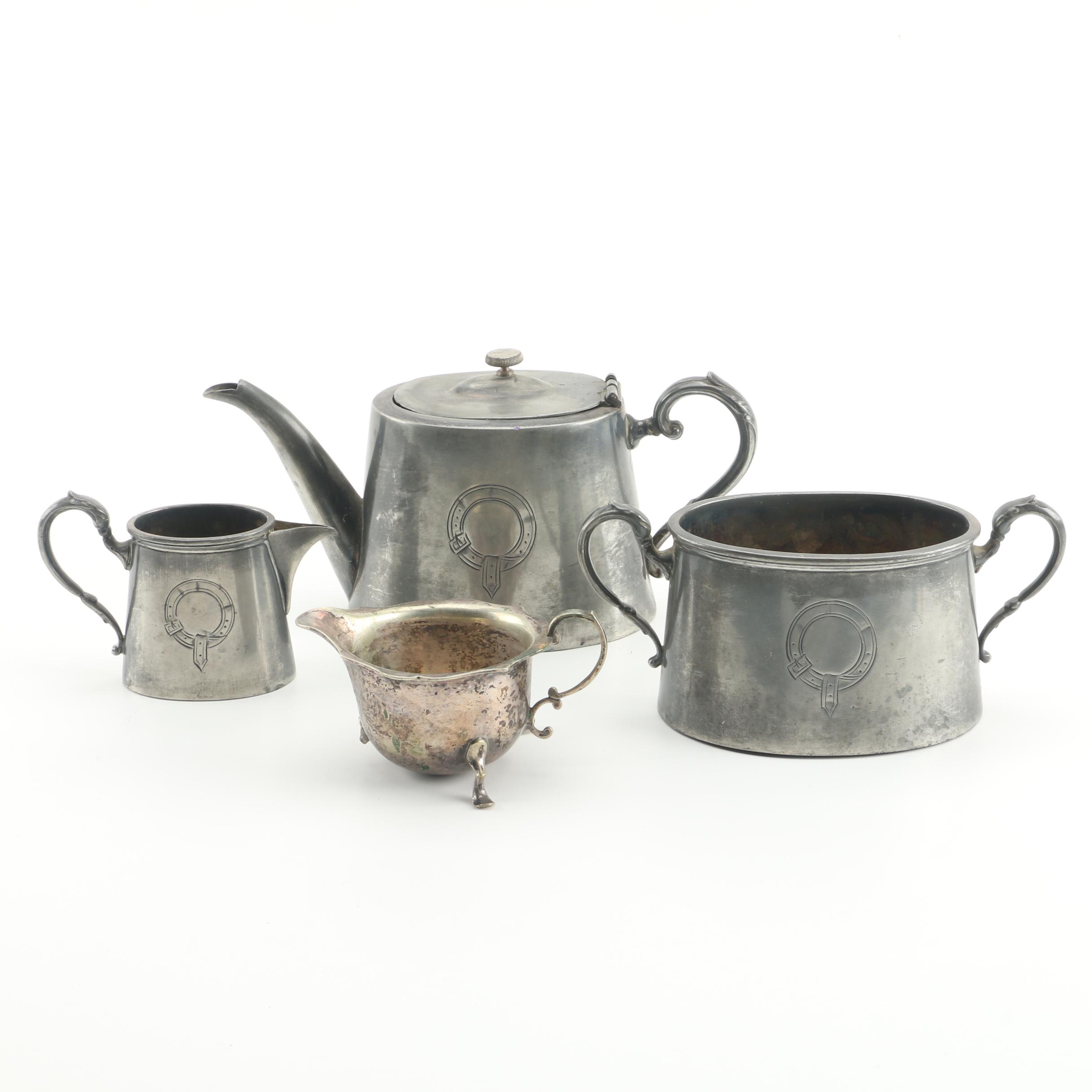 Vintage Kendall & Dent Silver Plate Tea Service with Barker Bros. Creamer