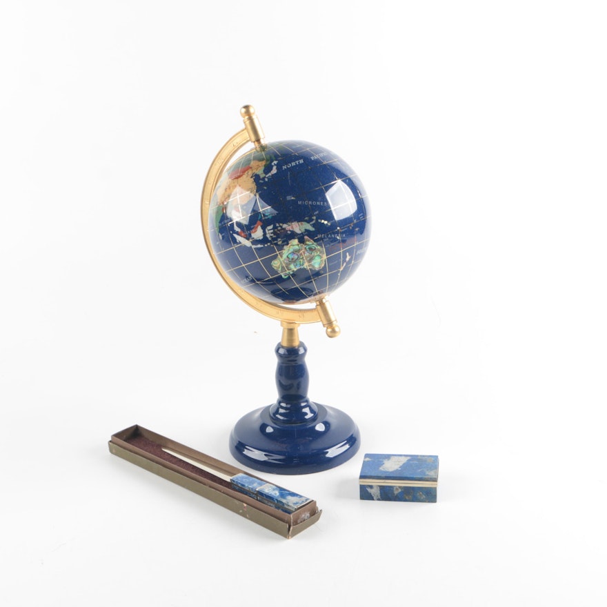 Inlaid Stone Desk Globe with Lapis Lazuli Trinket Box and Letter Opener