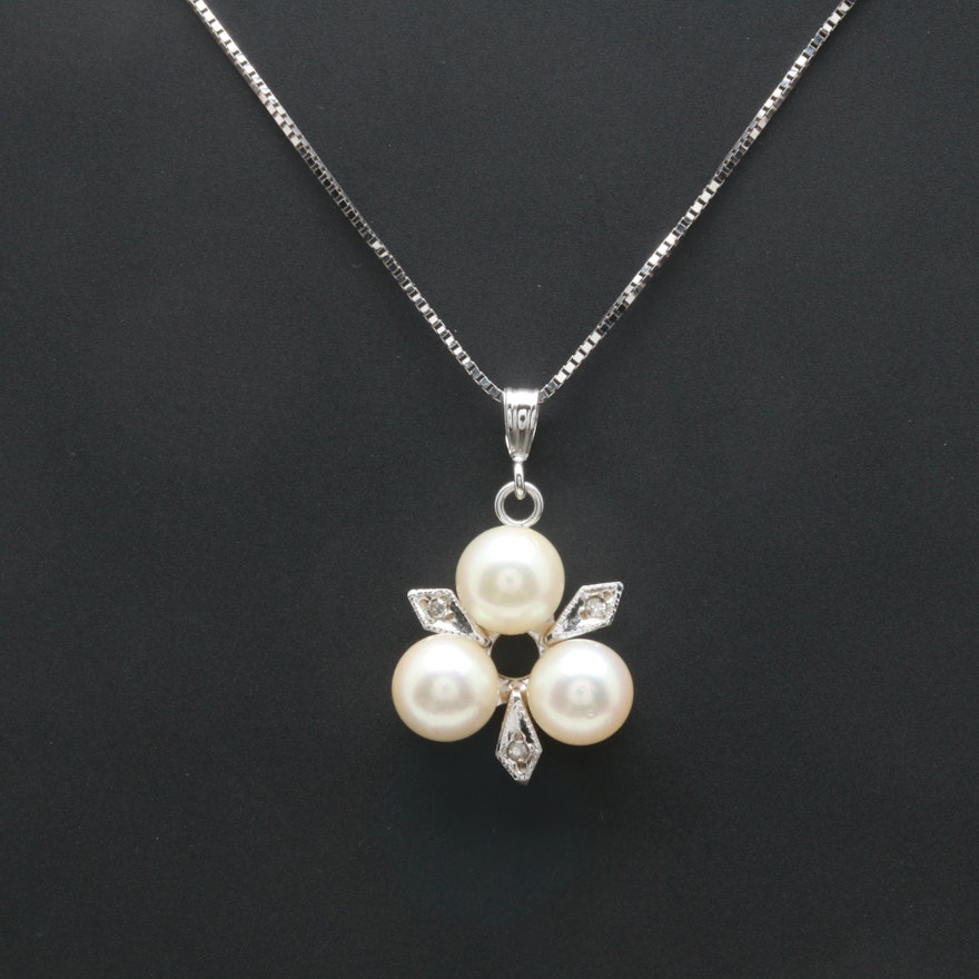 10K and 14K White Gold Cultured Pearl and Diamond Necklace