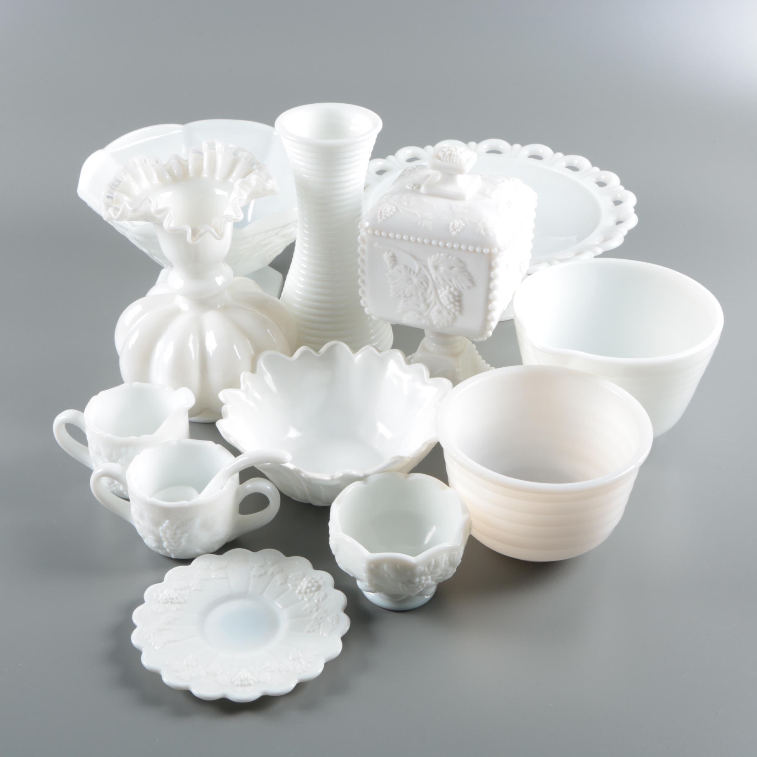Milk Glass Tableware and Decor including a Pyrex Mixing Bowl