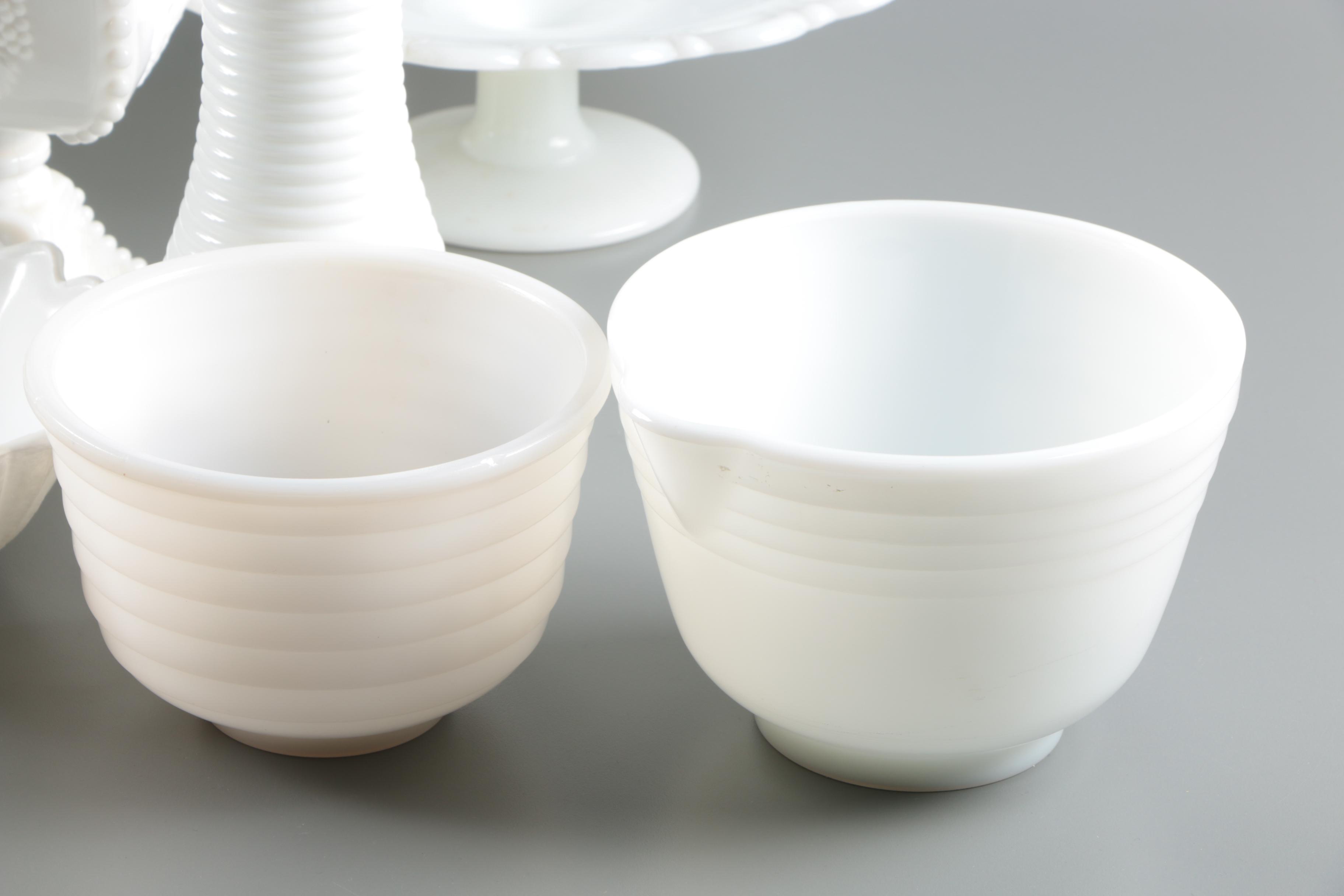 Milk Glass Tableware and Decor including a Pyrex Mixing Bowl