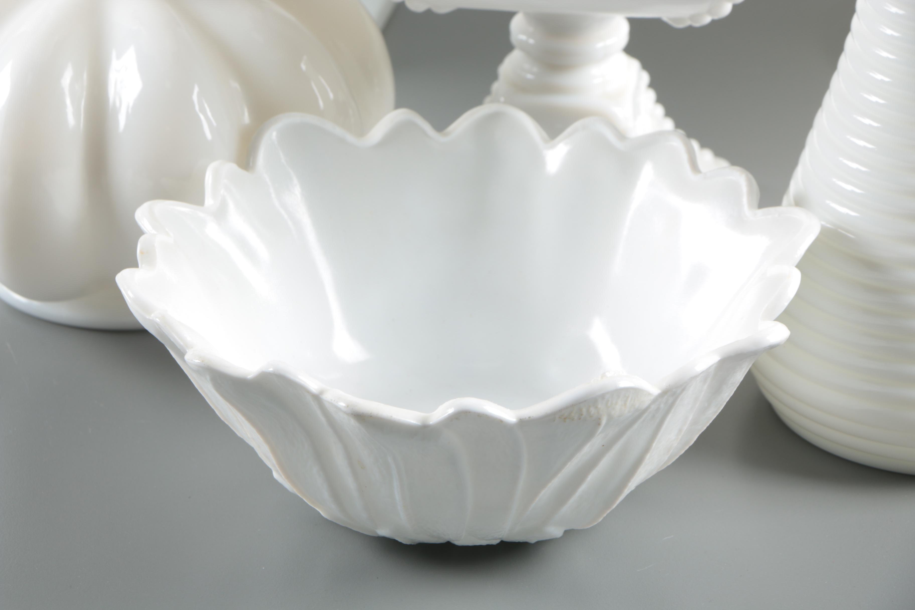 Milk Glass Tableware and Decor including a Pyrex Mixing Bowl