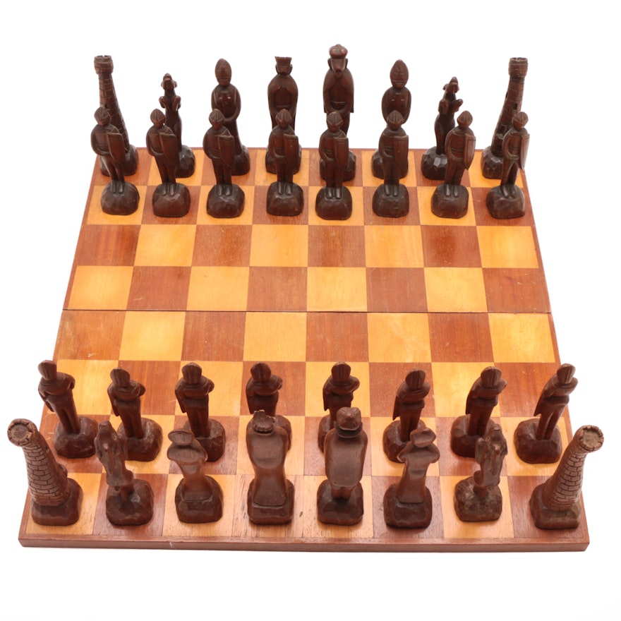 Walnut and Birch Chess Board with Carved Figures