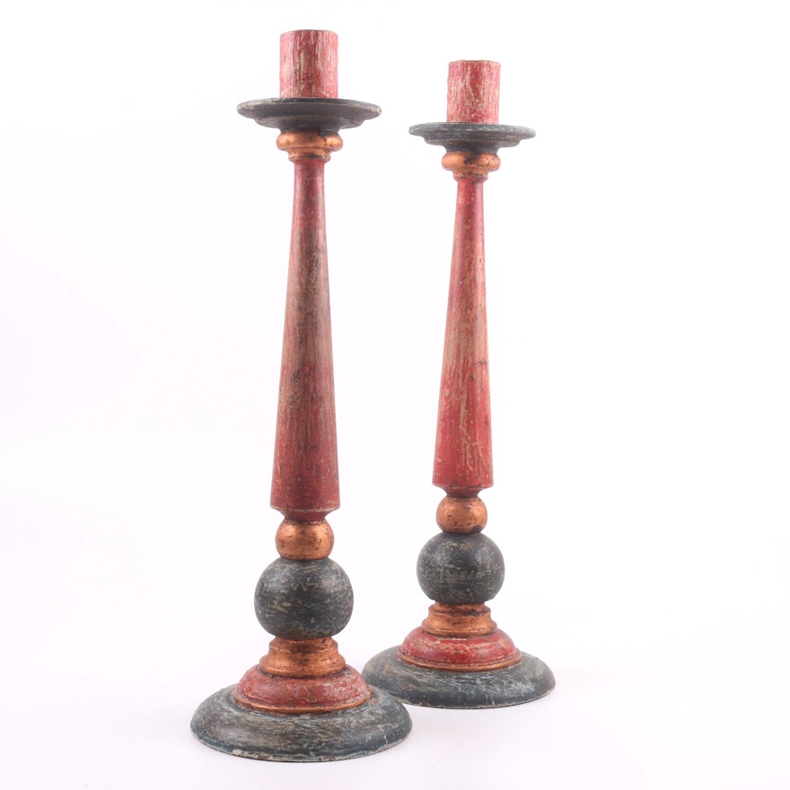 Pair of 20th Century Tall Painted Painted Pillar Candlesticks