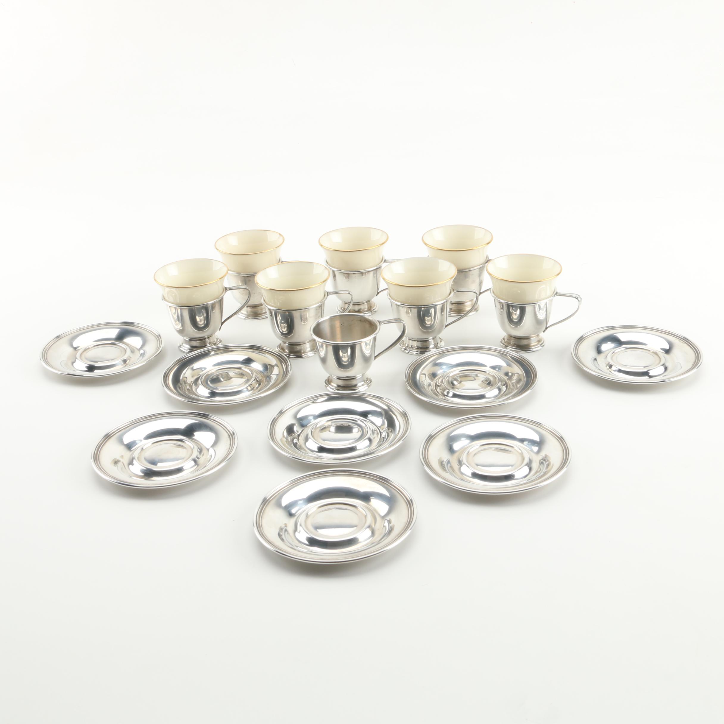International Silver Co. Sterling Demitasse Cups and Saucers with Lenox Inserts
