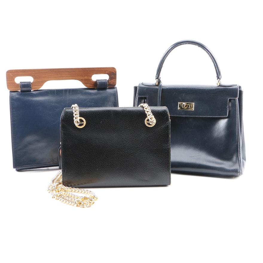 Vintage Koret Black Leather Handbag and Navy Blue Leather Handbags