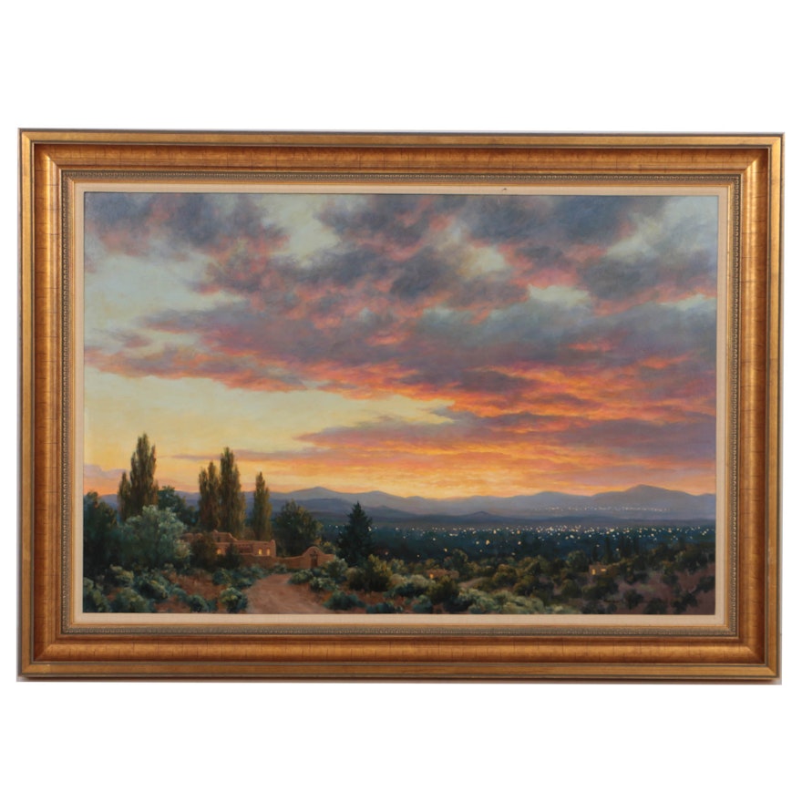 Grant MacDonald 1990 Oil Painting on Board "View of Santa Fe Sunset"