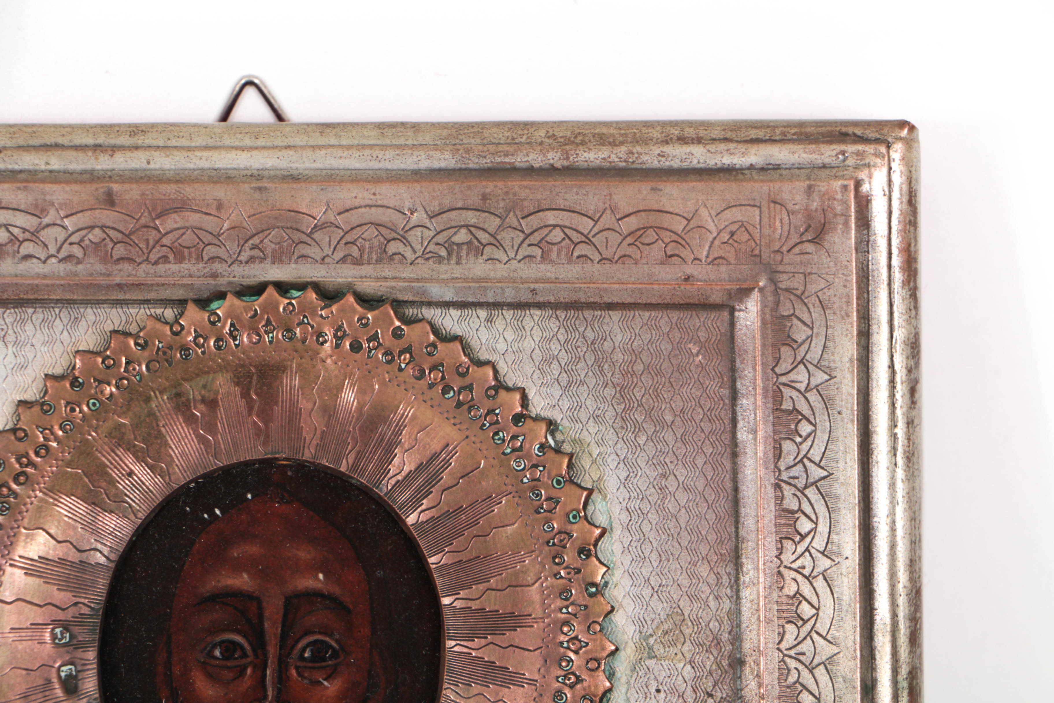 Antique Russian Icon of Christ Pantocrator with Copper Oklad