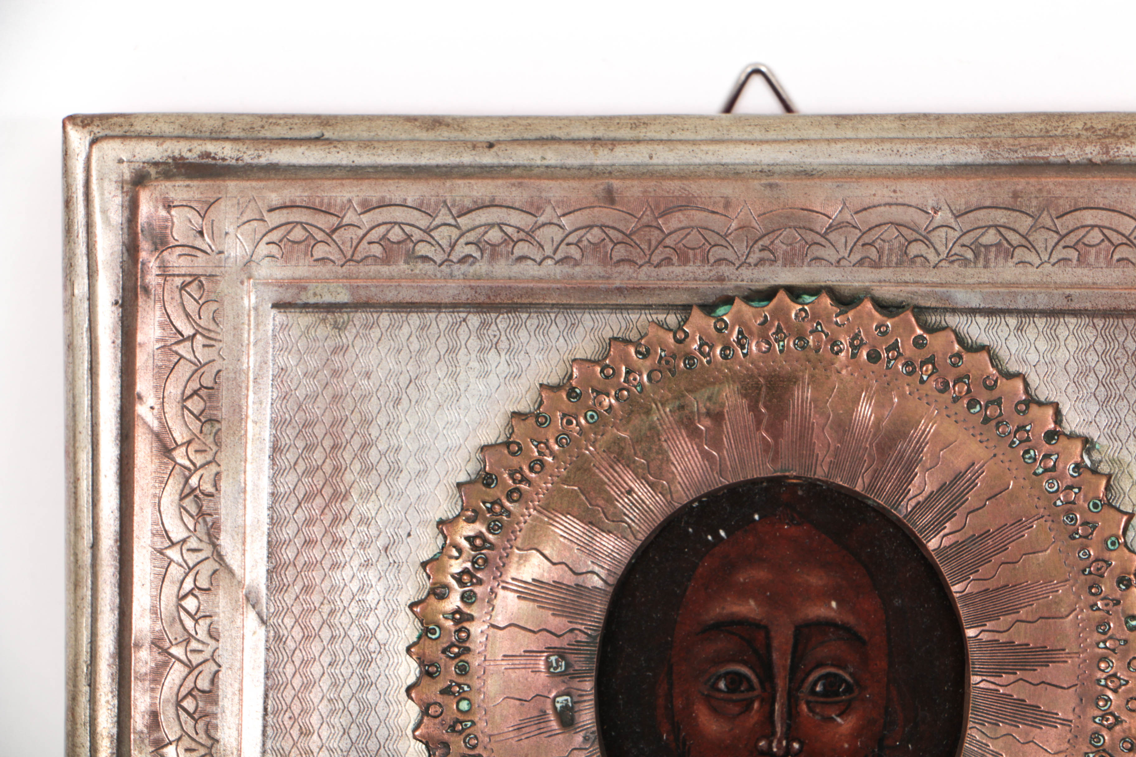 Antique Russian Icon of Christ Pantocrator with Copper Oklad