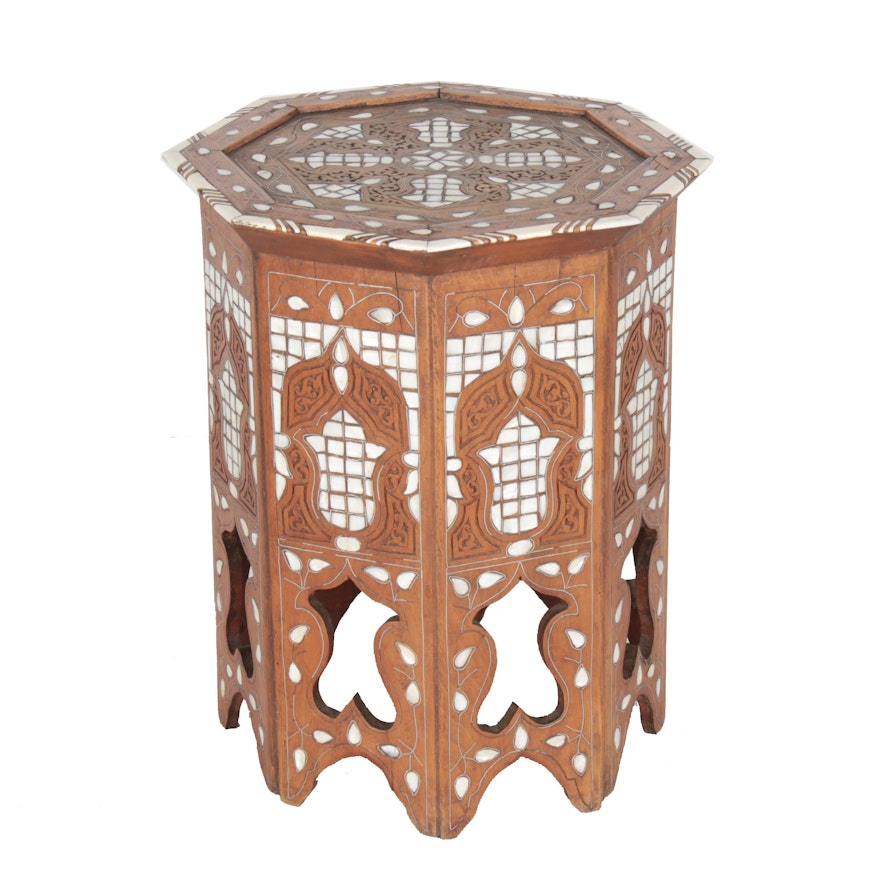 Vintage Moorish Hardwood Tabouret with Mother-of-Pearl and Bone Inlay