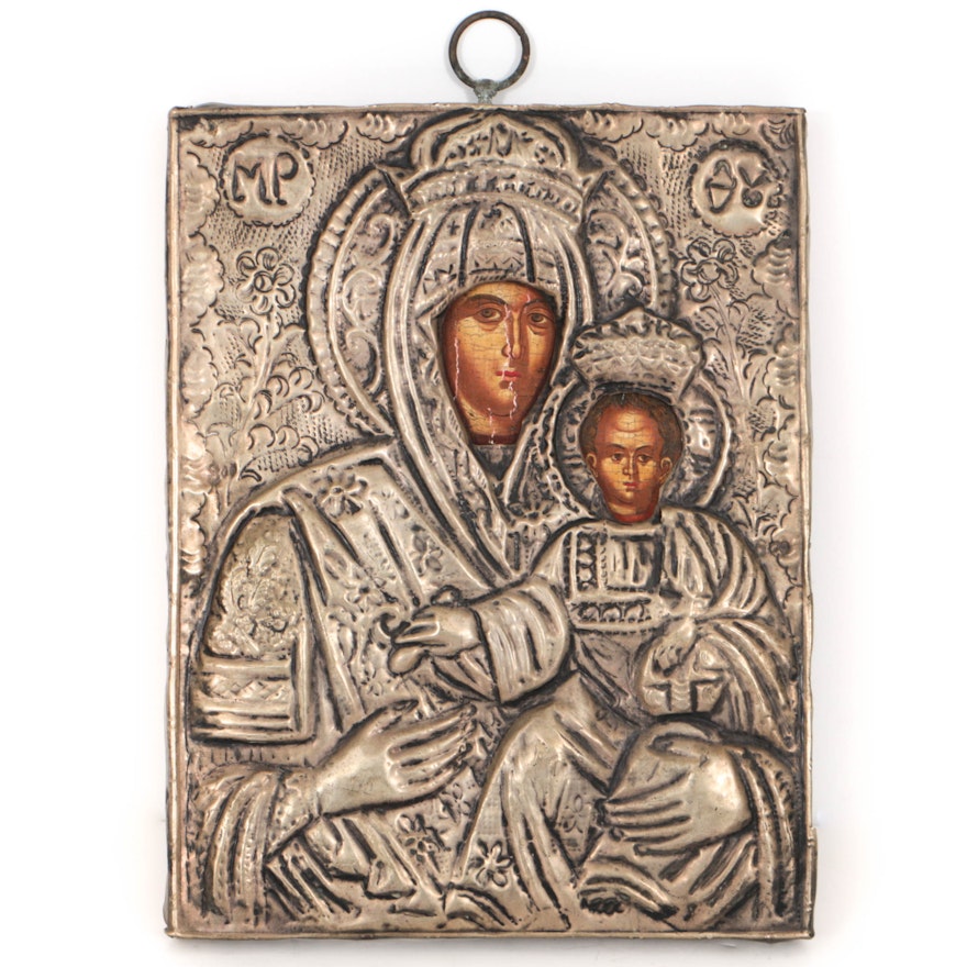 Antique Eastern Orthodox Icon of Mother of God with Brass Oklad