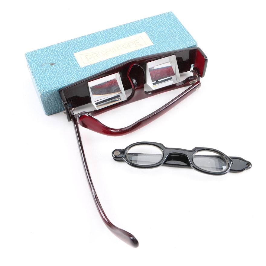 Circa 1960s Reading Glasses Including Red Periscope Glasses