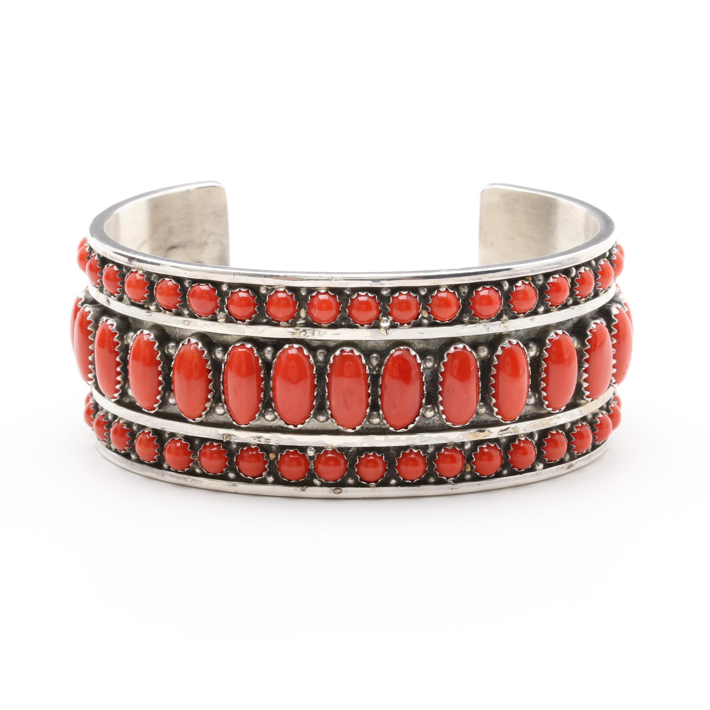 Leonard James Signed Navajo Diné Sterling Silver Coral Cuff Bracelet