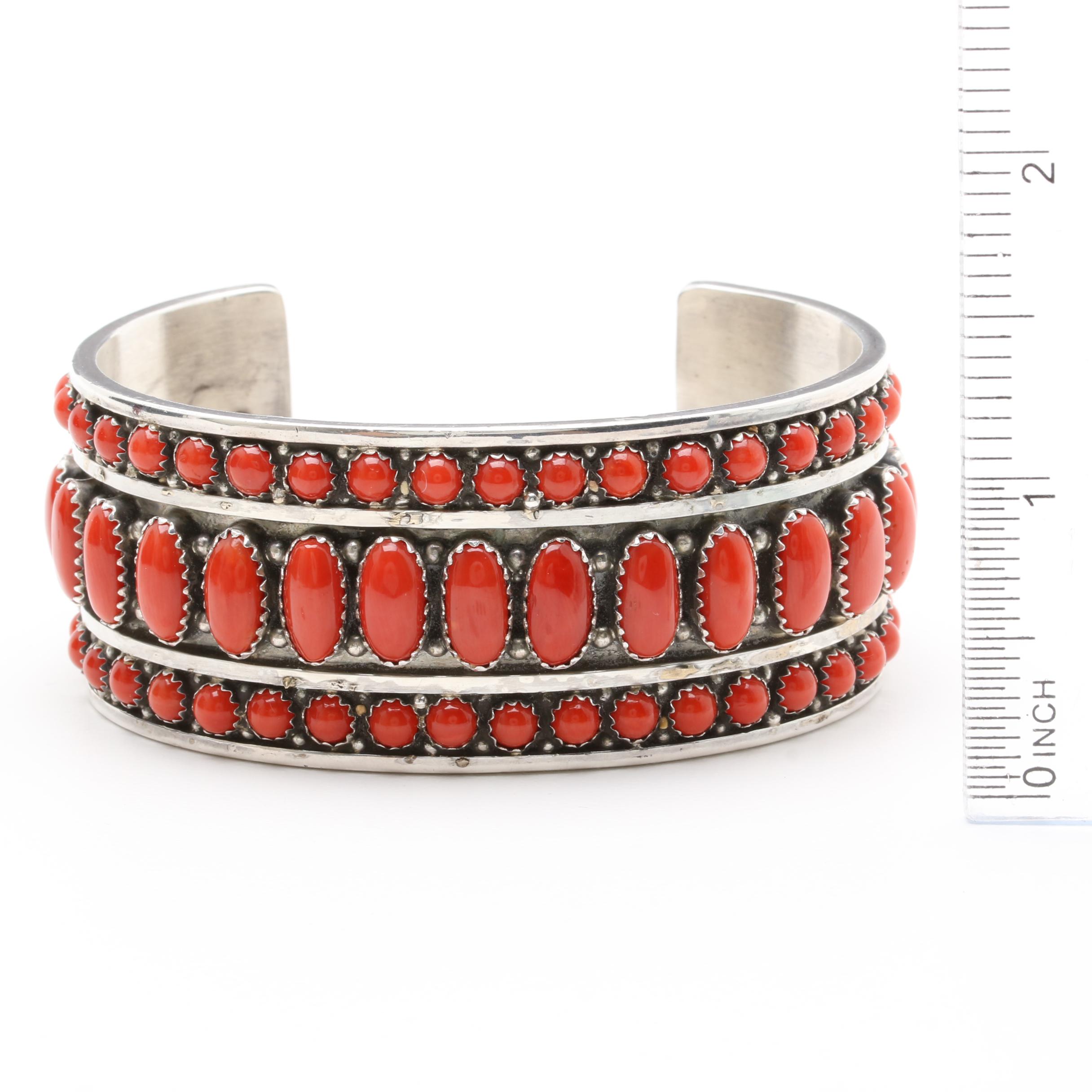 Leonard James Signed Navajo Diné Sterling Silver Coral Cuff Bracelet