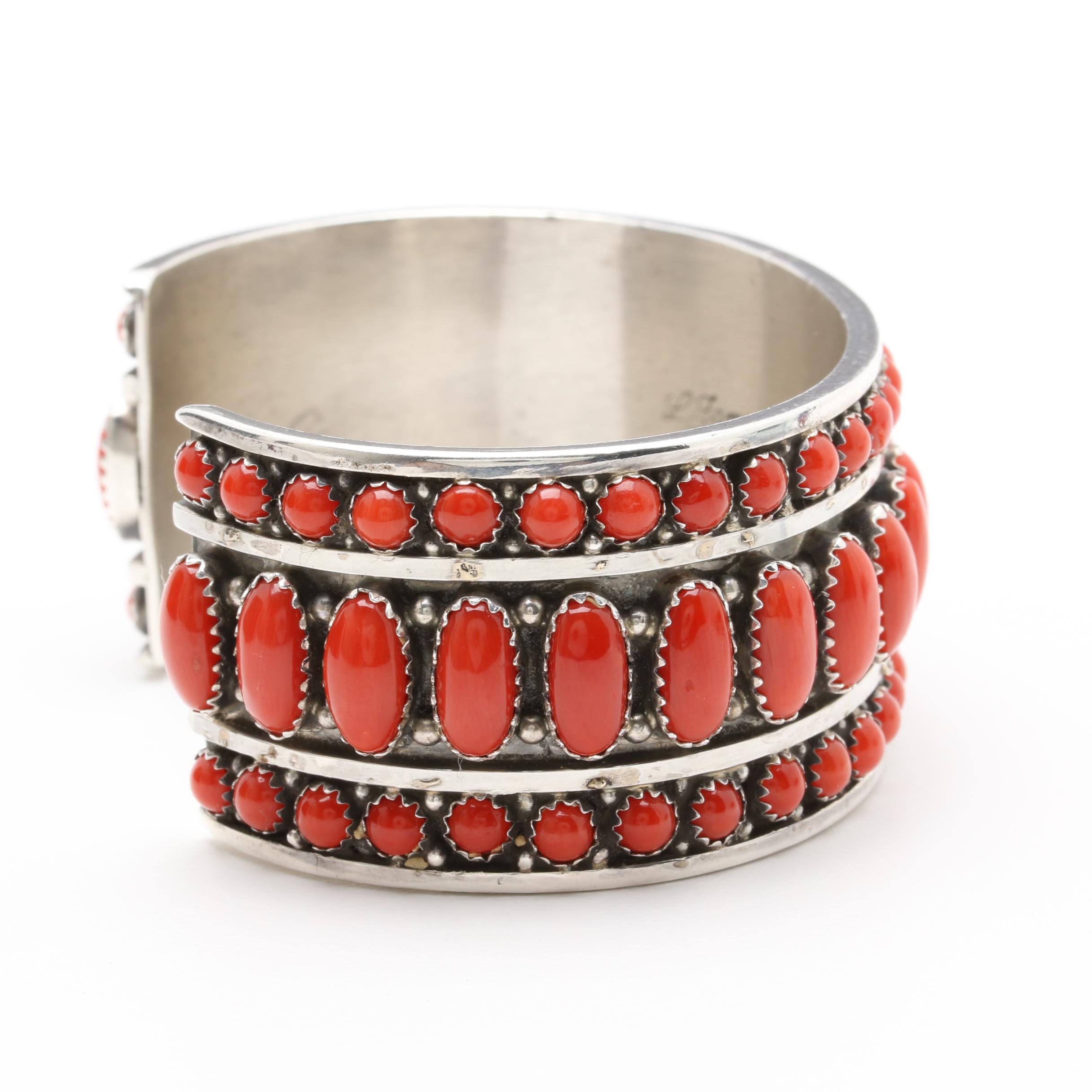 Leonard James Signed Navajo Diné Sterling Silver Coral Cuff Bracelet