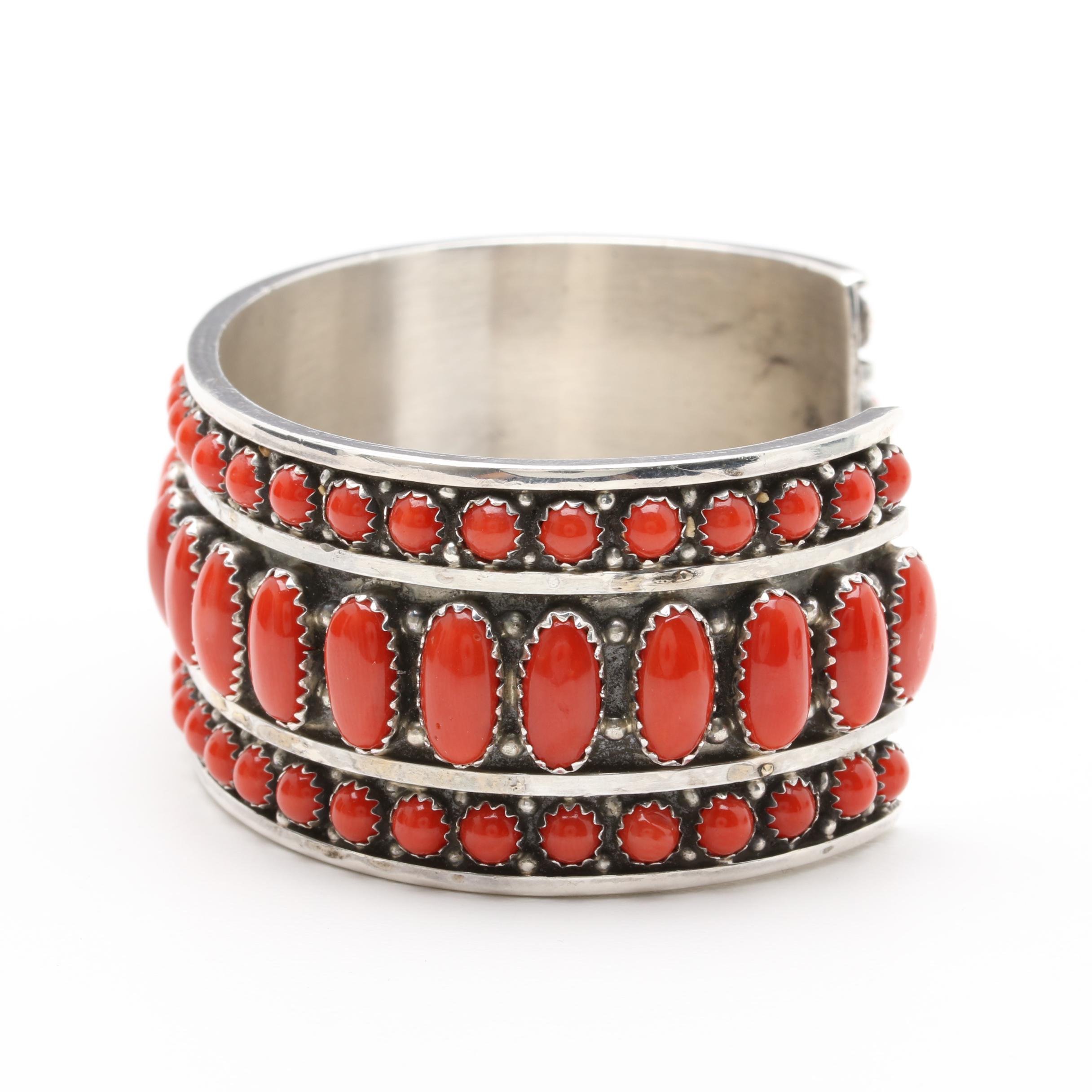 Leonard James Signed Navajo Diné Sterling Silver Coral Cuff Bracelet
