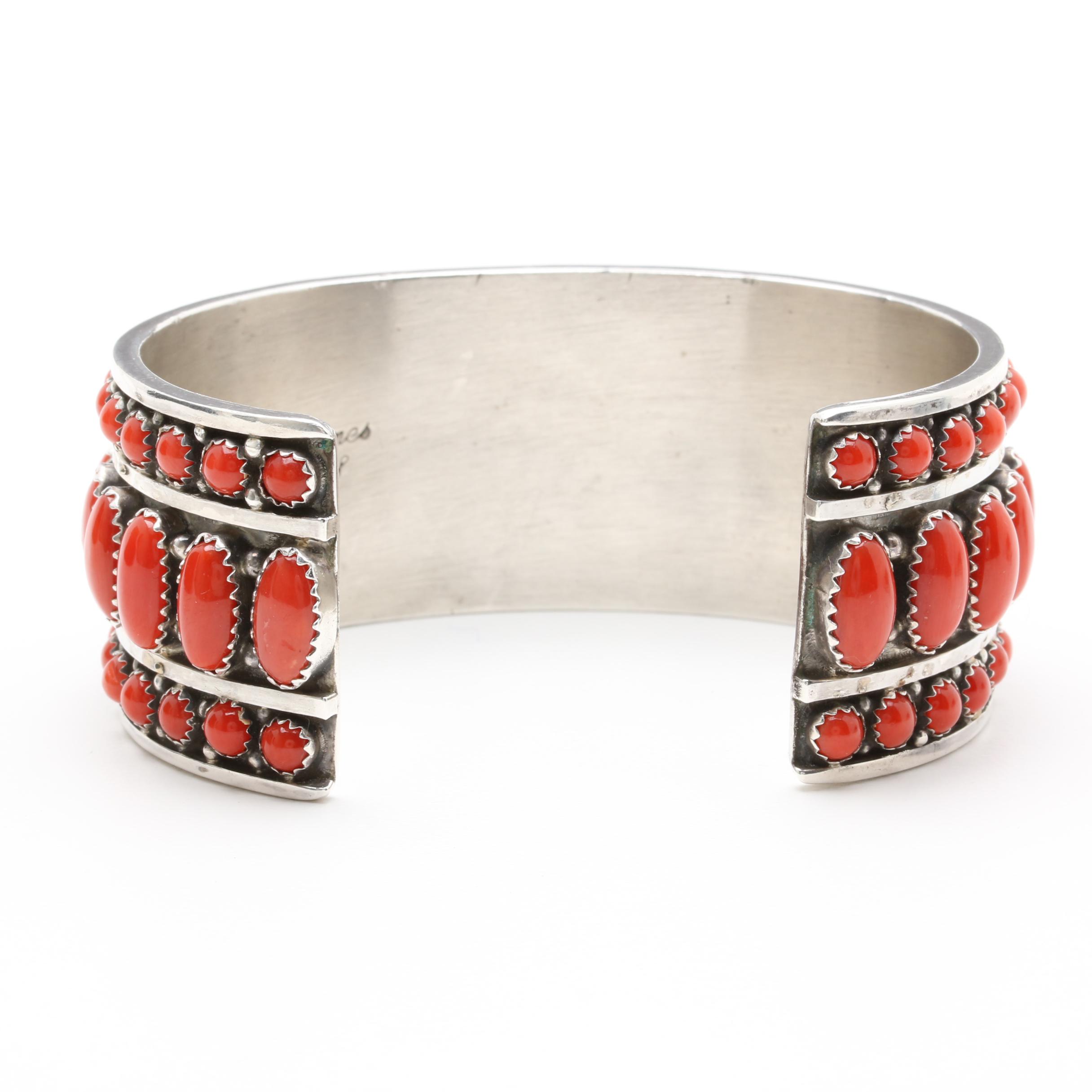 Leonard James Signed Navajo Diné Sterling Silver Coral Cuff Bracelet