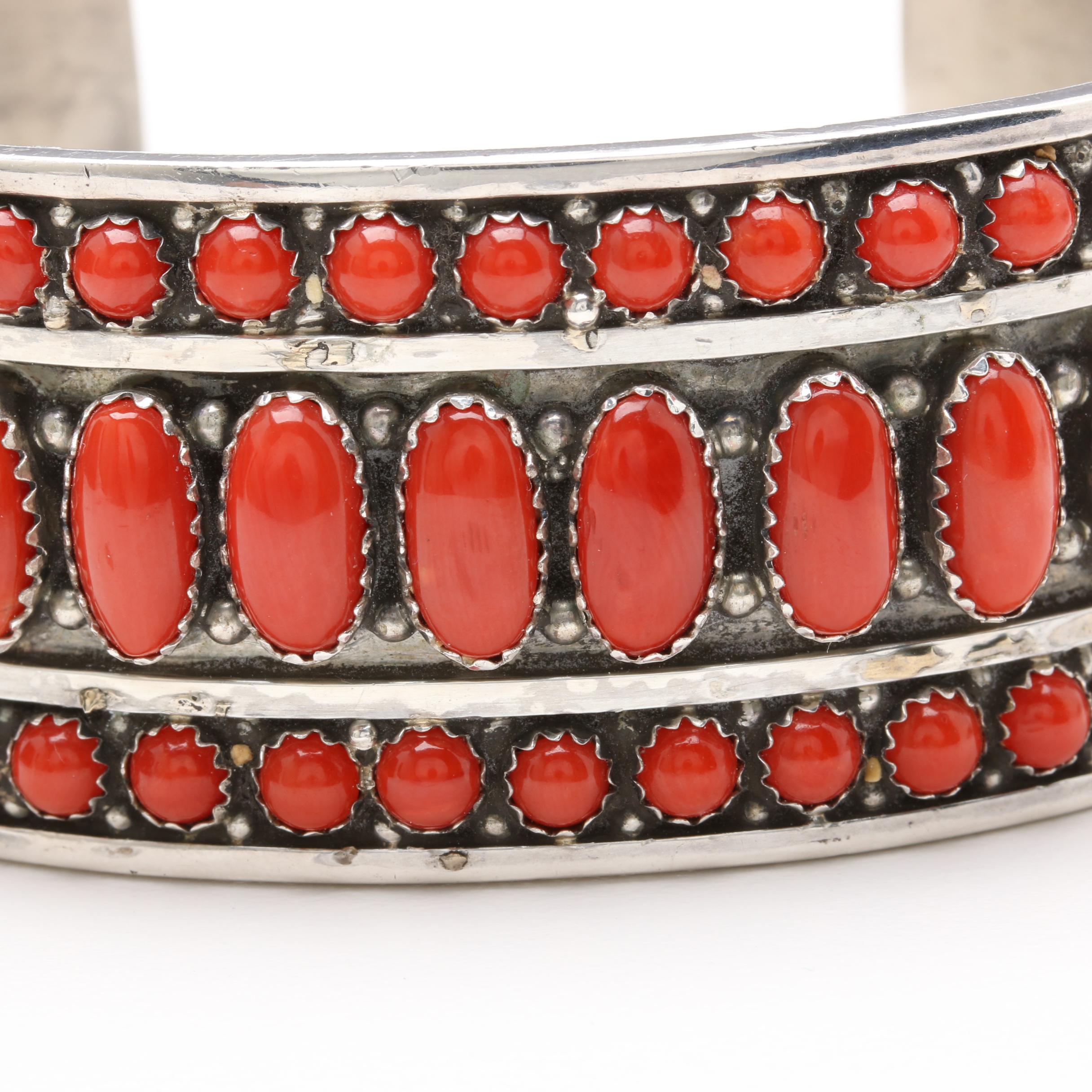 Leonard James Signed Navajo Diné Sterling Silver Coral Cuff Bracelet