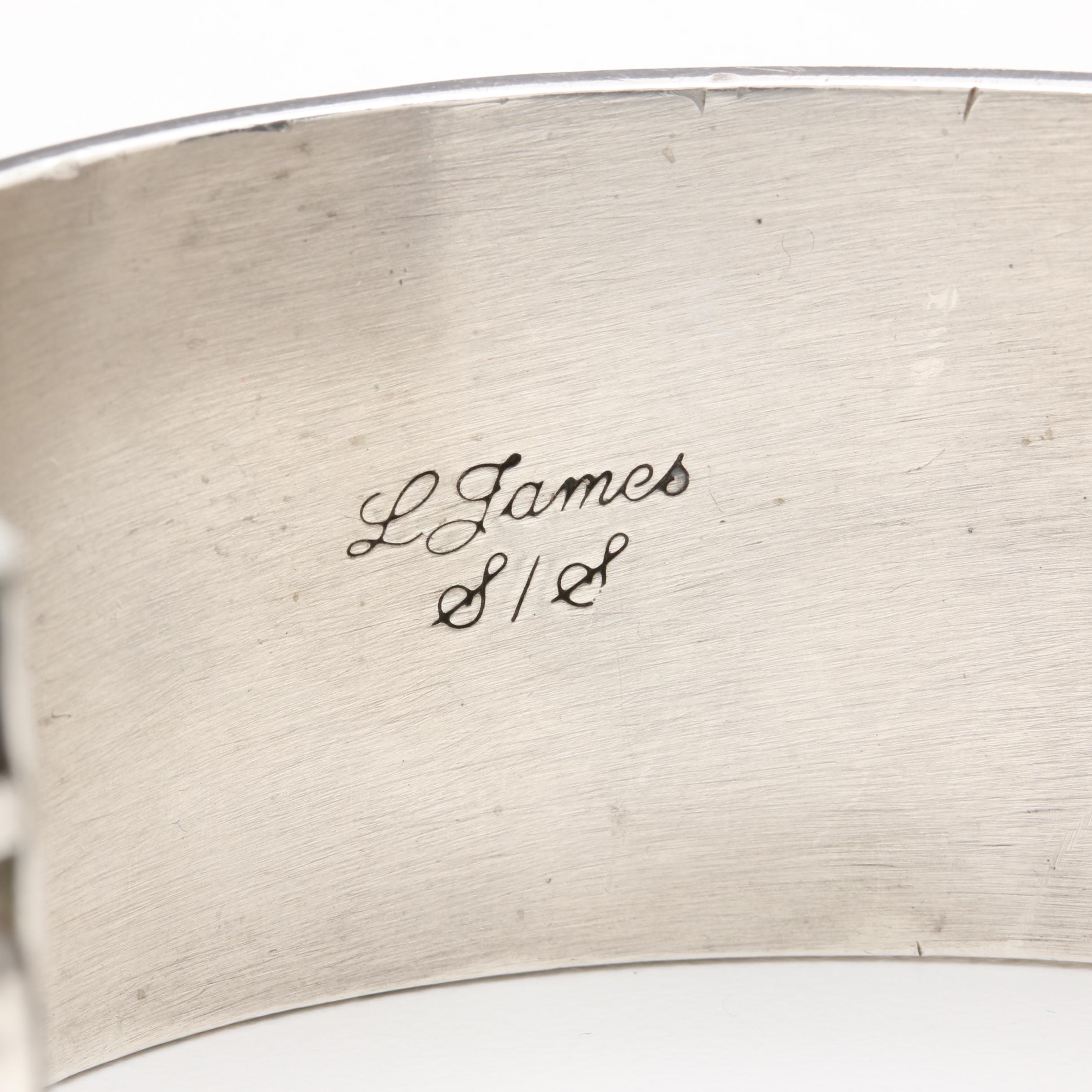 Leonard James Signed Navajo Diné Sterling Silver Coral Cuff Bracelet