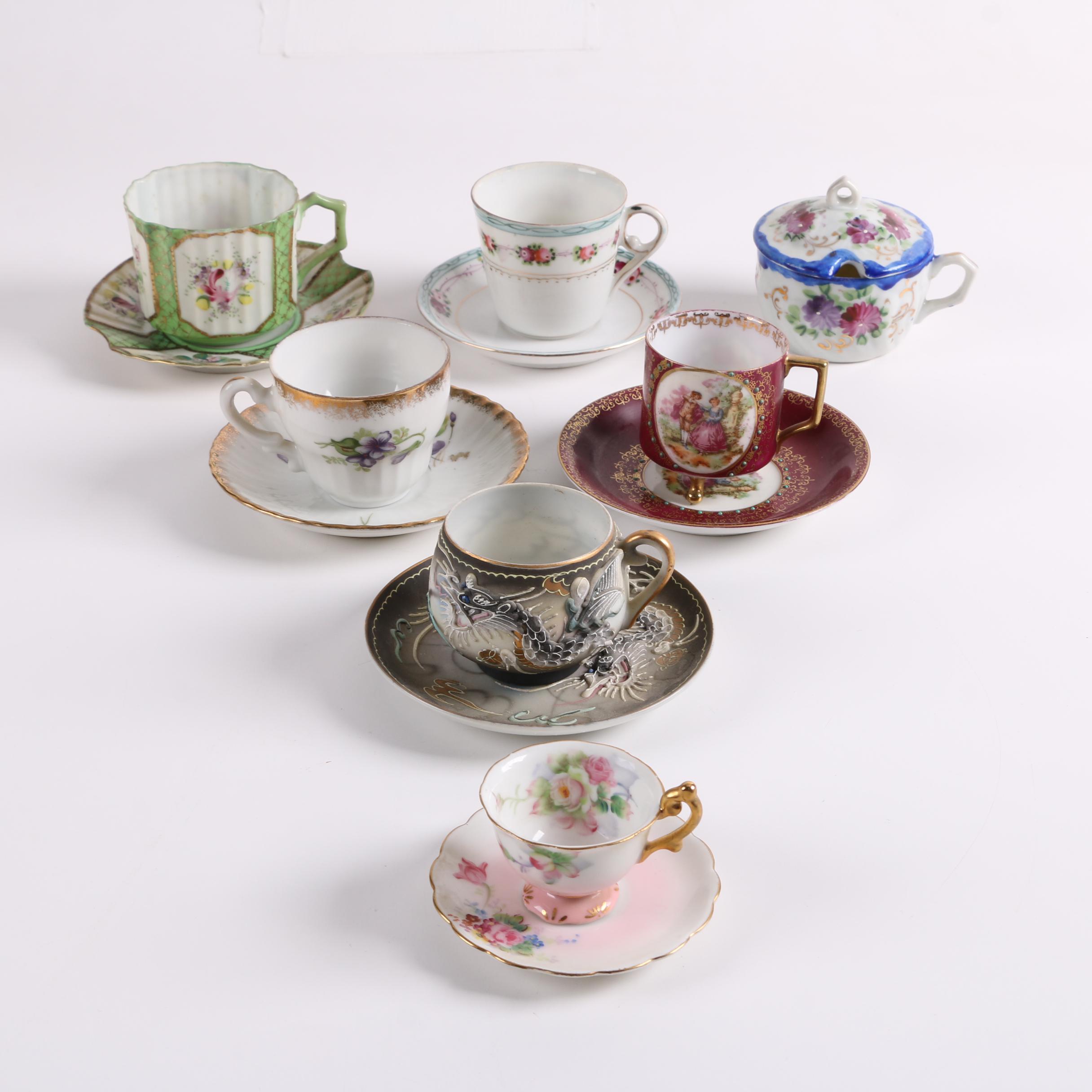 Vintage Japanese Teacups and Saucers Including Moriage Dragonware