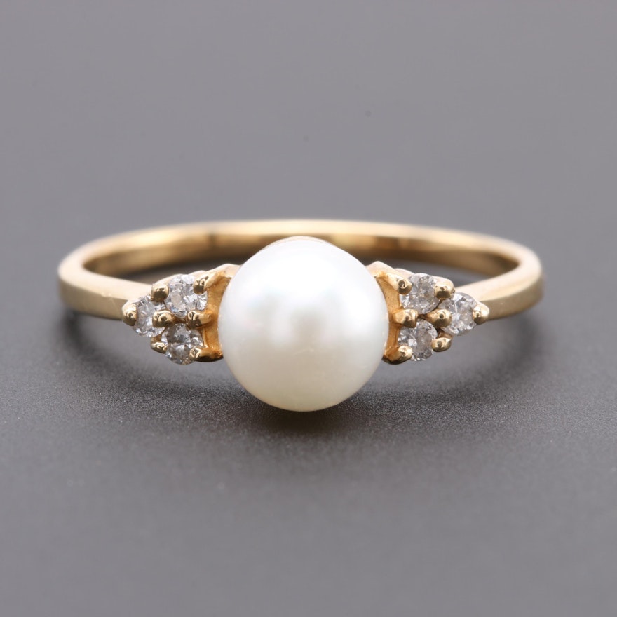 10K Yellow Gold Cultured Pearl and Diamond Ring