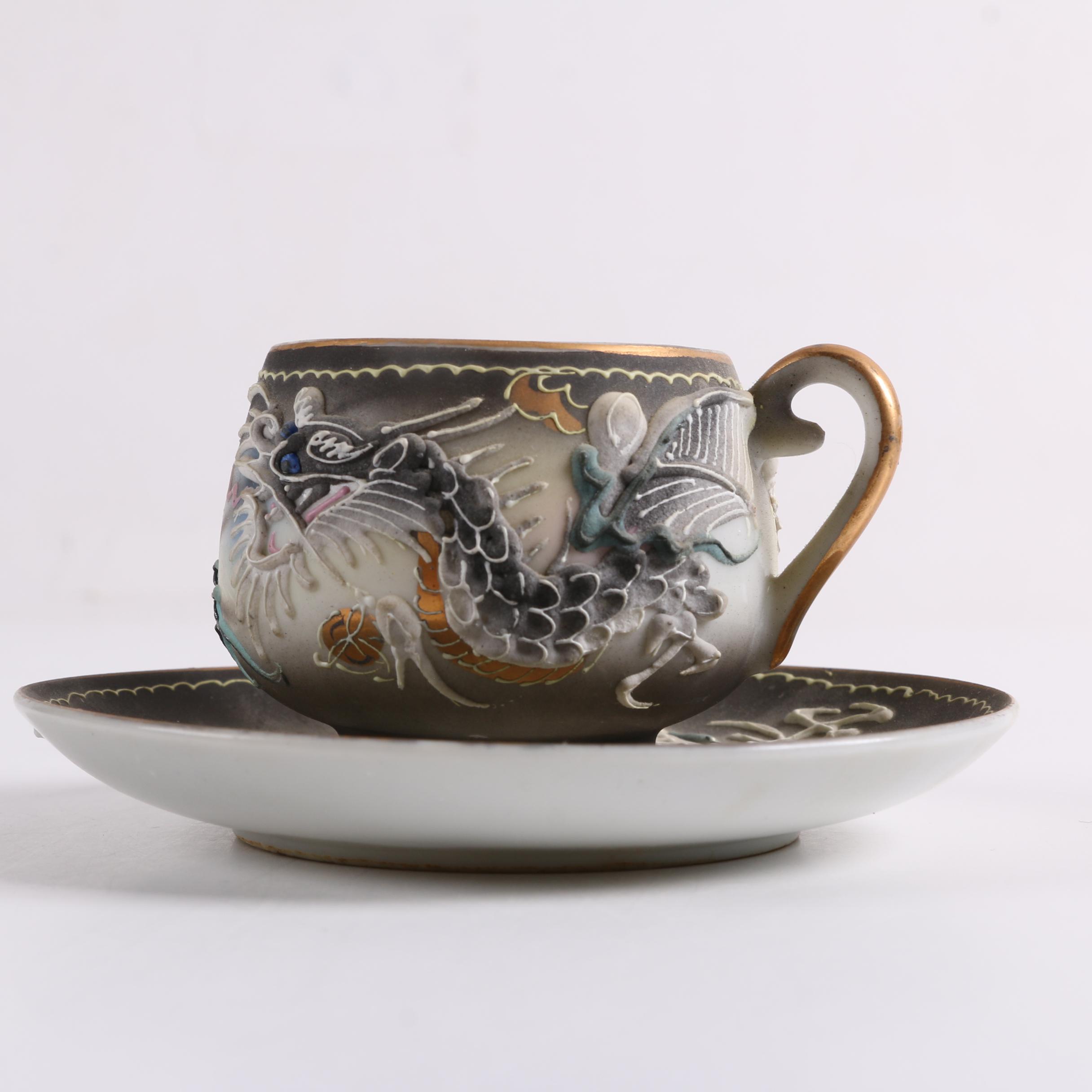 Vintage Japanese Teacups and Saucers Including Moriage Dragonware