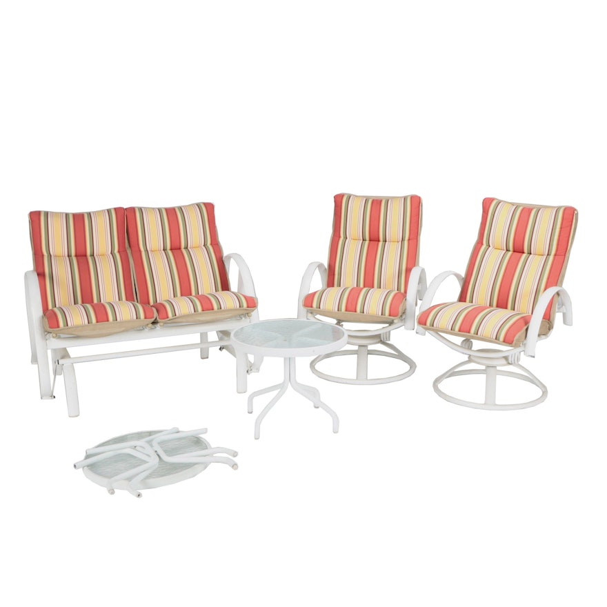 Glider Loveseat with Matching Spring-Rocker Chairs and Glass Top Side Tables
