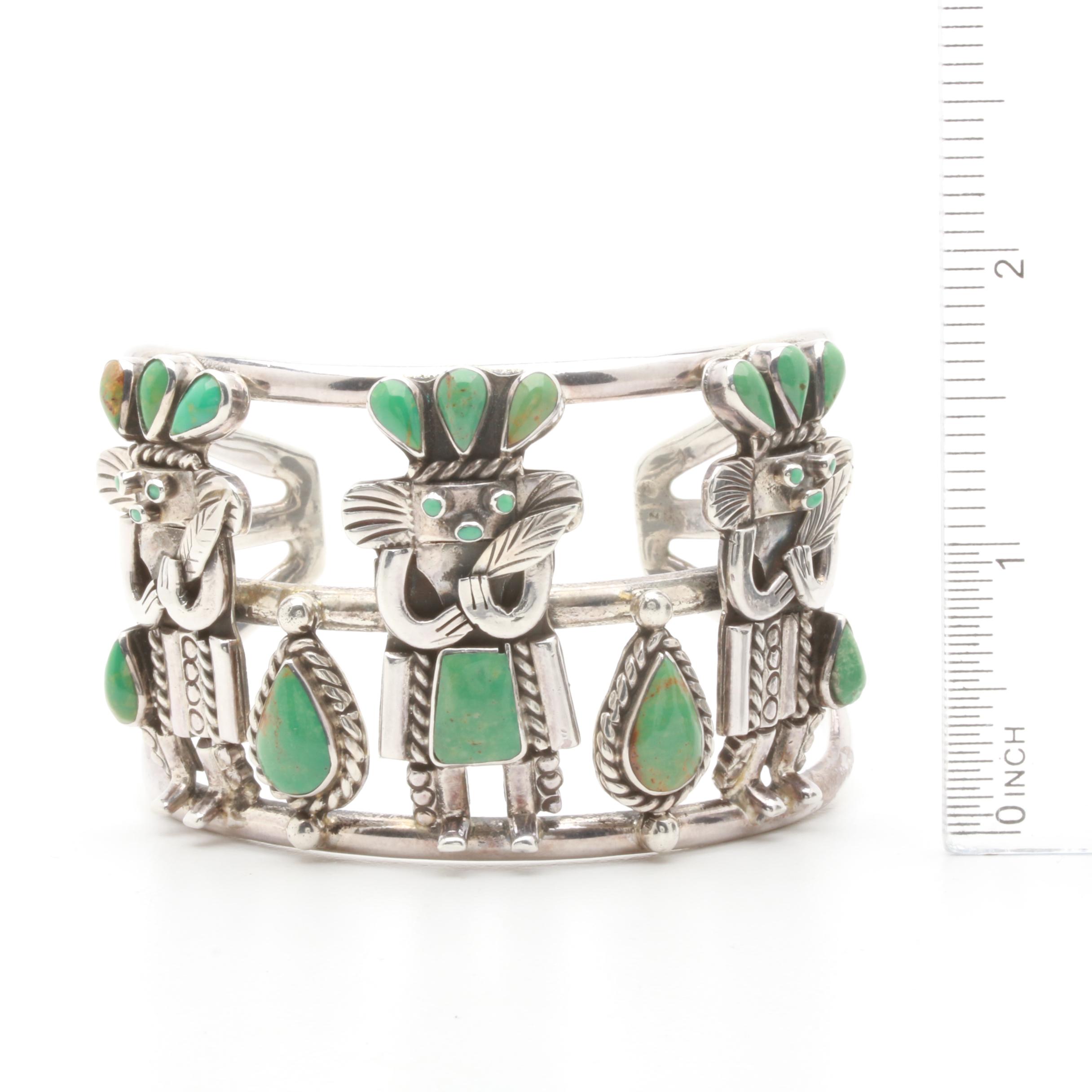 Elsie Yazzie Navajo Diné Sterling Silver Turquoise Kachina Cuff Bangle
