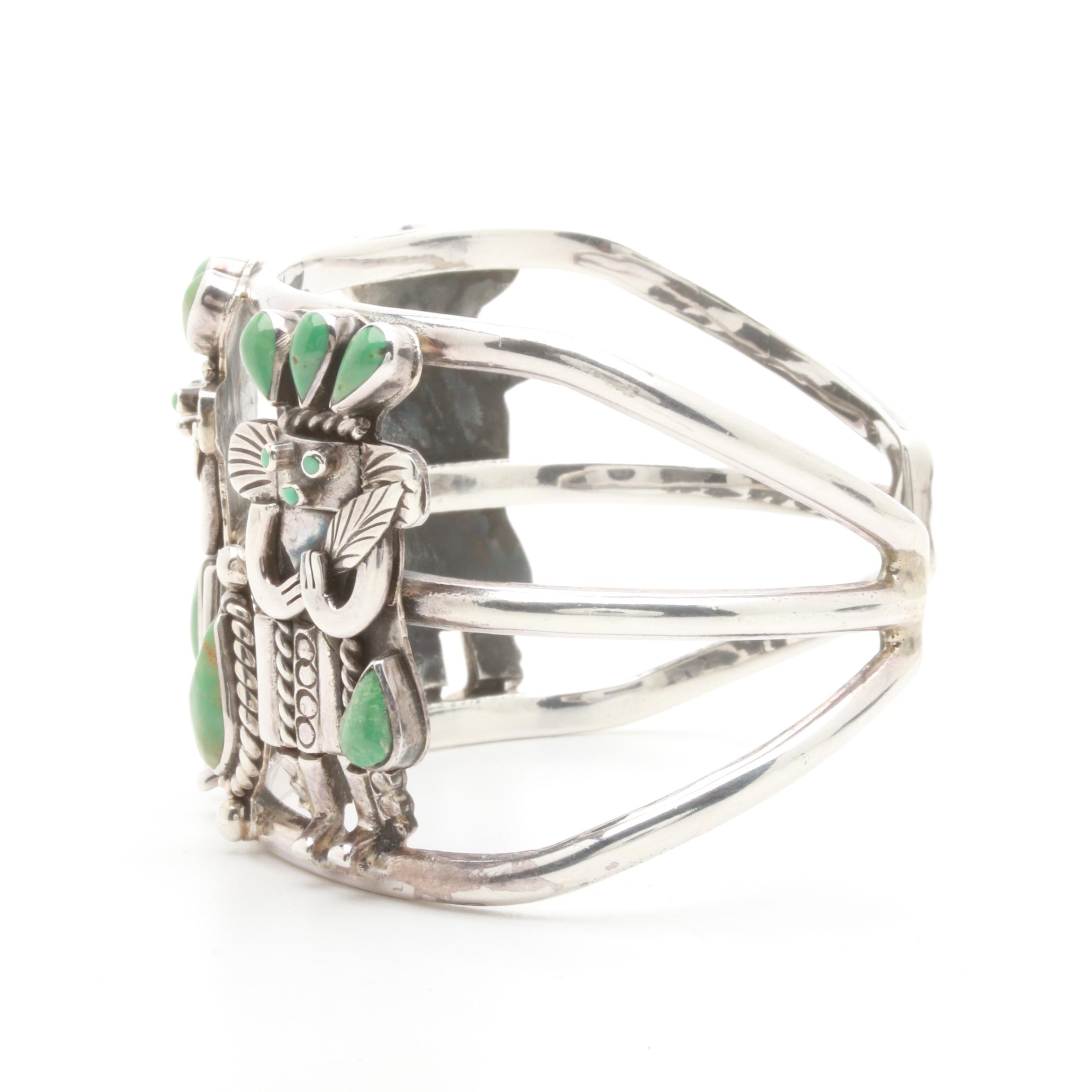Elsie Yazzie Navajo Diné Sterling Silver Turquoise Kachina Cuff Bangle