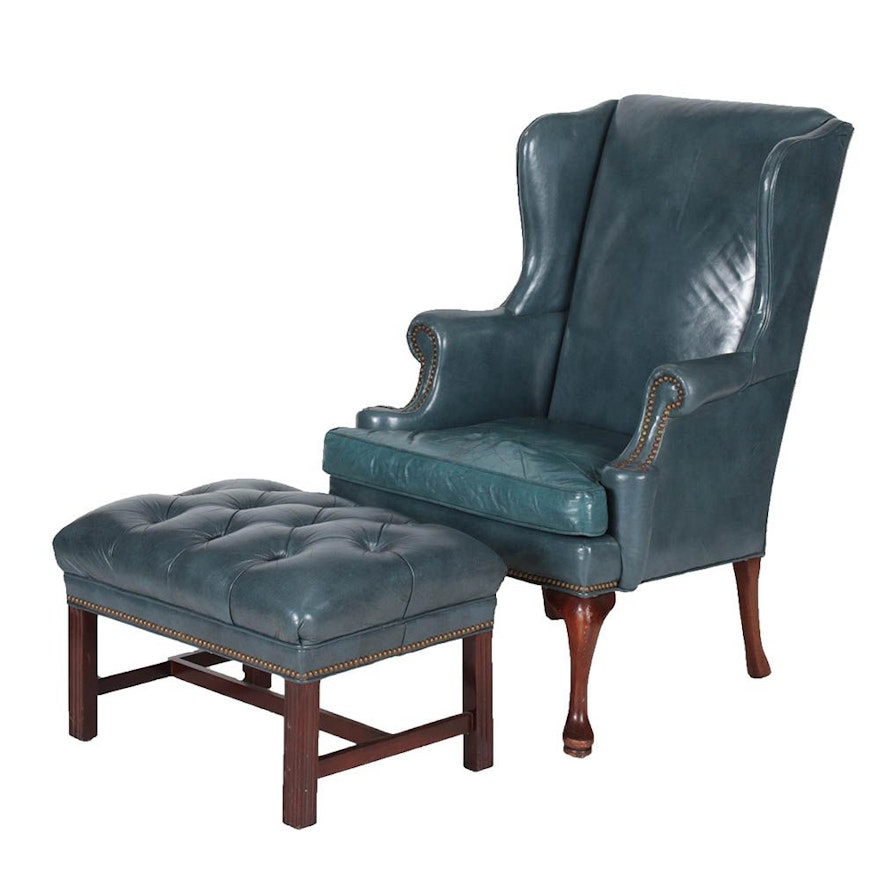 Blue Leather Wing Chair and Ottoman by Hickory Chair Co. and Hancock & Moore