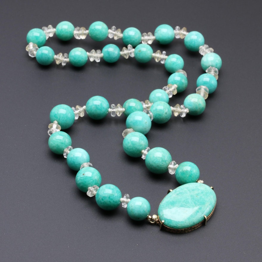 14K Yellow Gold Amazonite and Glass Beaded Necklace