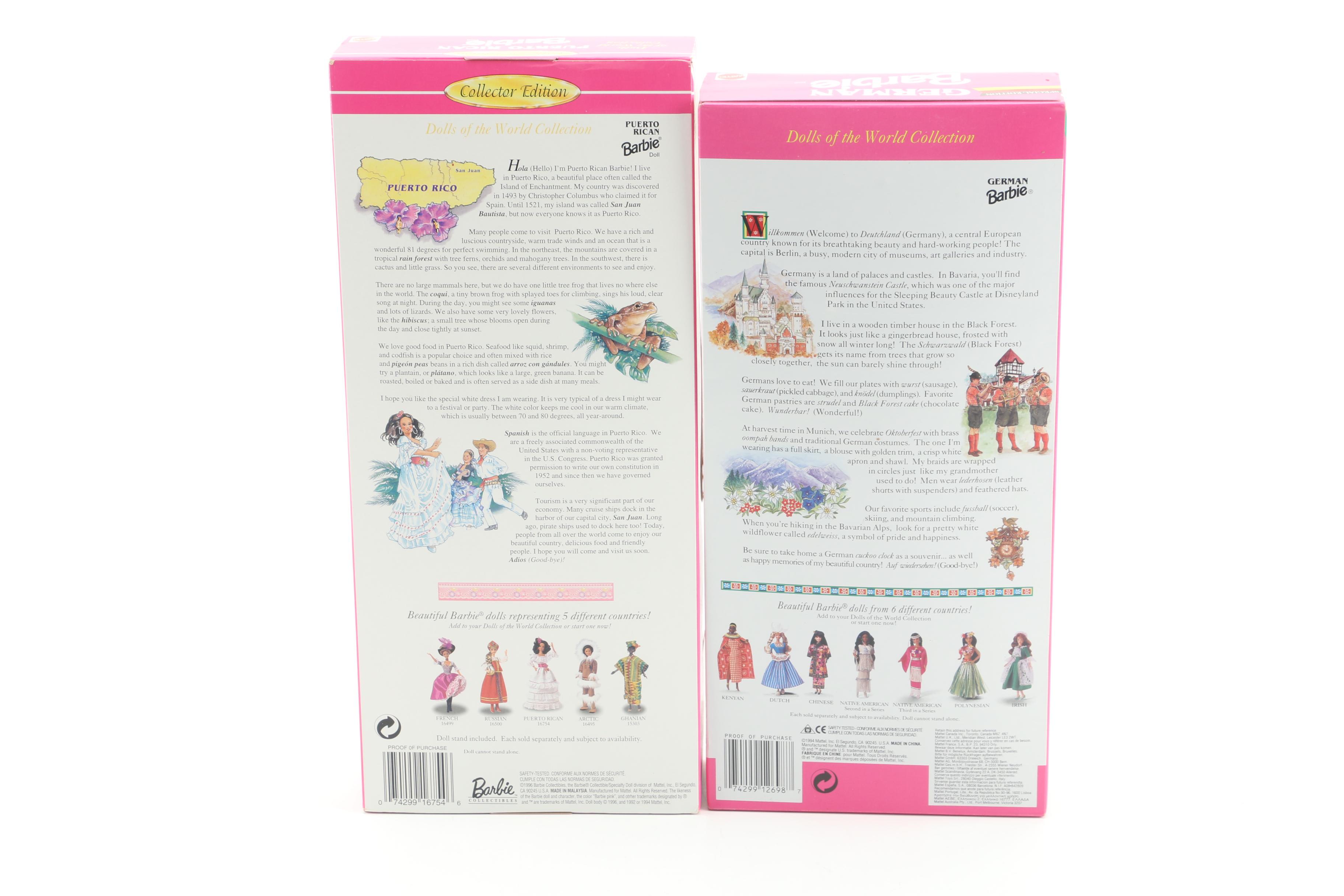 1990s Mattel "Dolls of the World Collection" and "Colonial" Barbies