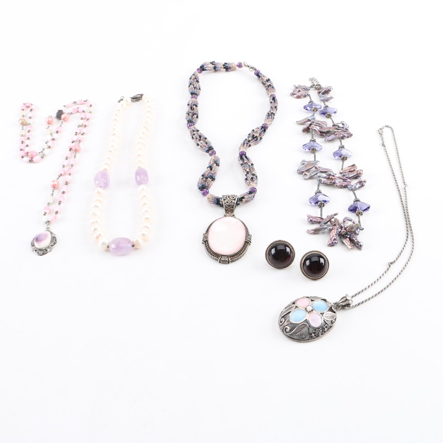 Sterling Silver Necklace and Earring Selection with Cultured Pearl and Amethyst