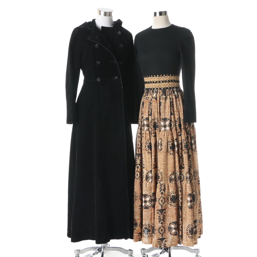 Vintage Black Velvet Hooded Full-Length Coat and Metallic Gold Maxi Dress