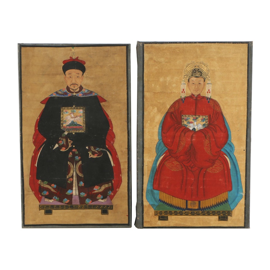Chinese Gouache Ancestor Portraits with Gold Embellishment