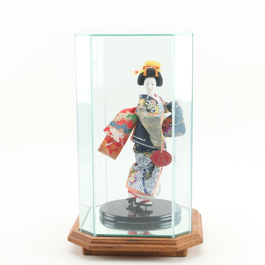 Japanese Kabuki Porcelain Doll in Display Case