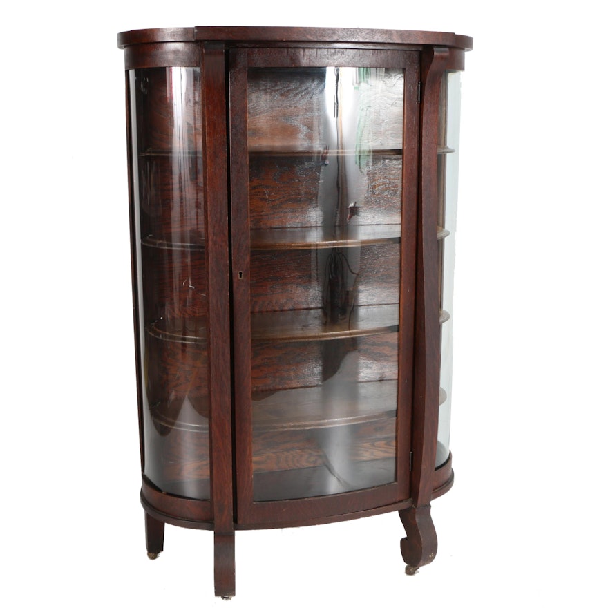 Vintage Empire Style Oak Bow Front Curio Cabinet