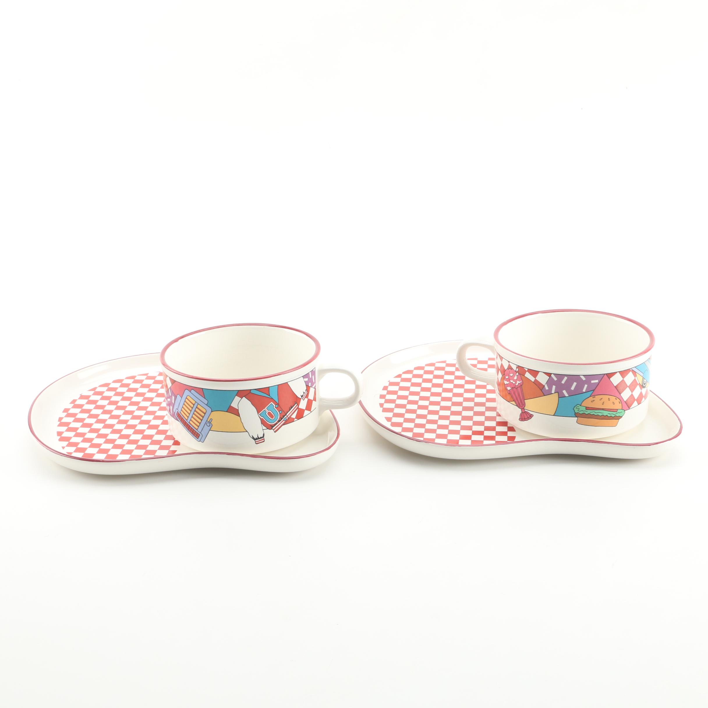 Vintage Diner Themed Ceramic Soup Mugs and Sandwich Plates by Century Japan