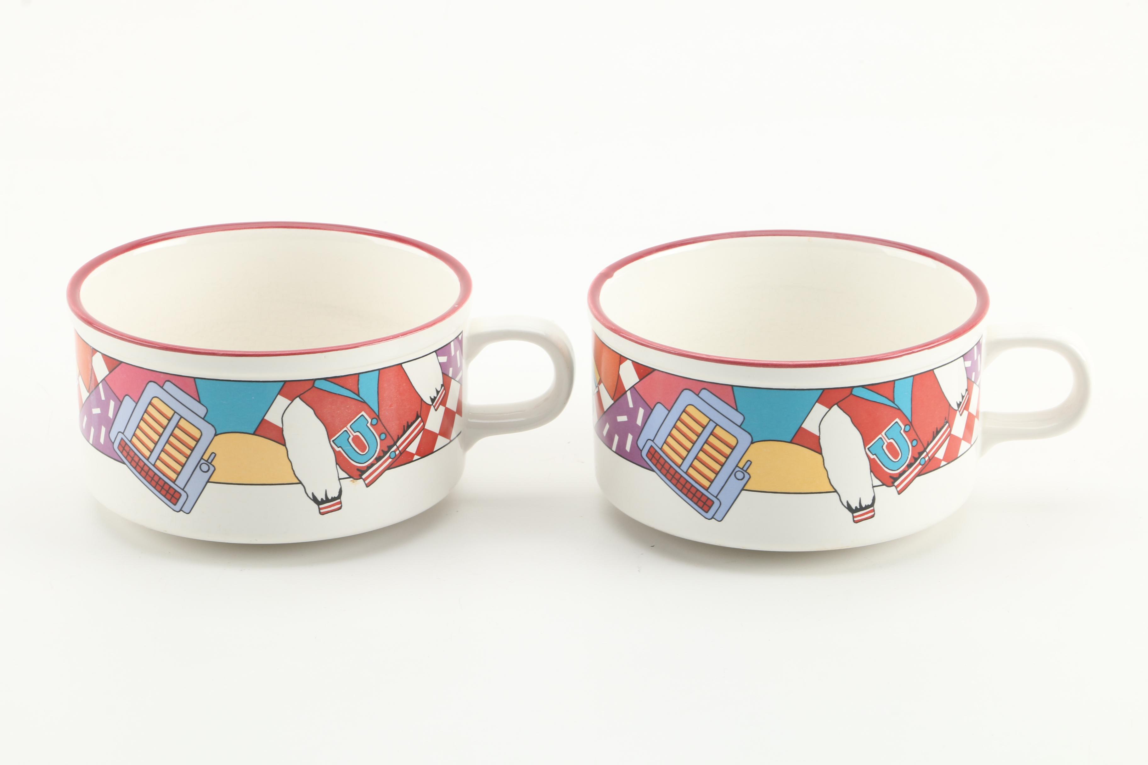 Vintage Diner Themed Ceramic Soup Mugs and Sandwich Plates by Century Japan