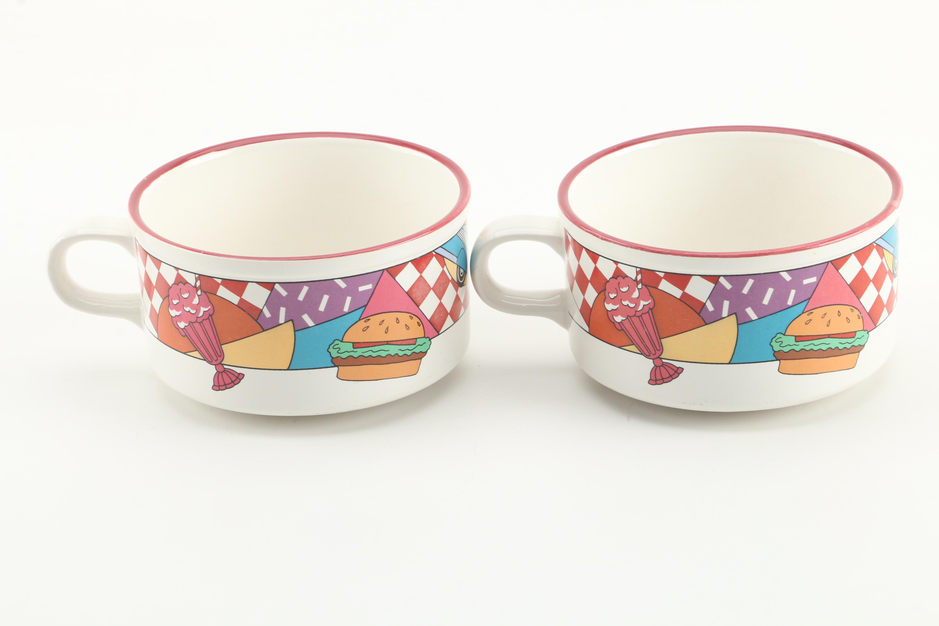 Vintage Diner Themed Ceramic Soup Mugs and Sandwich Plates by Century Japan