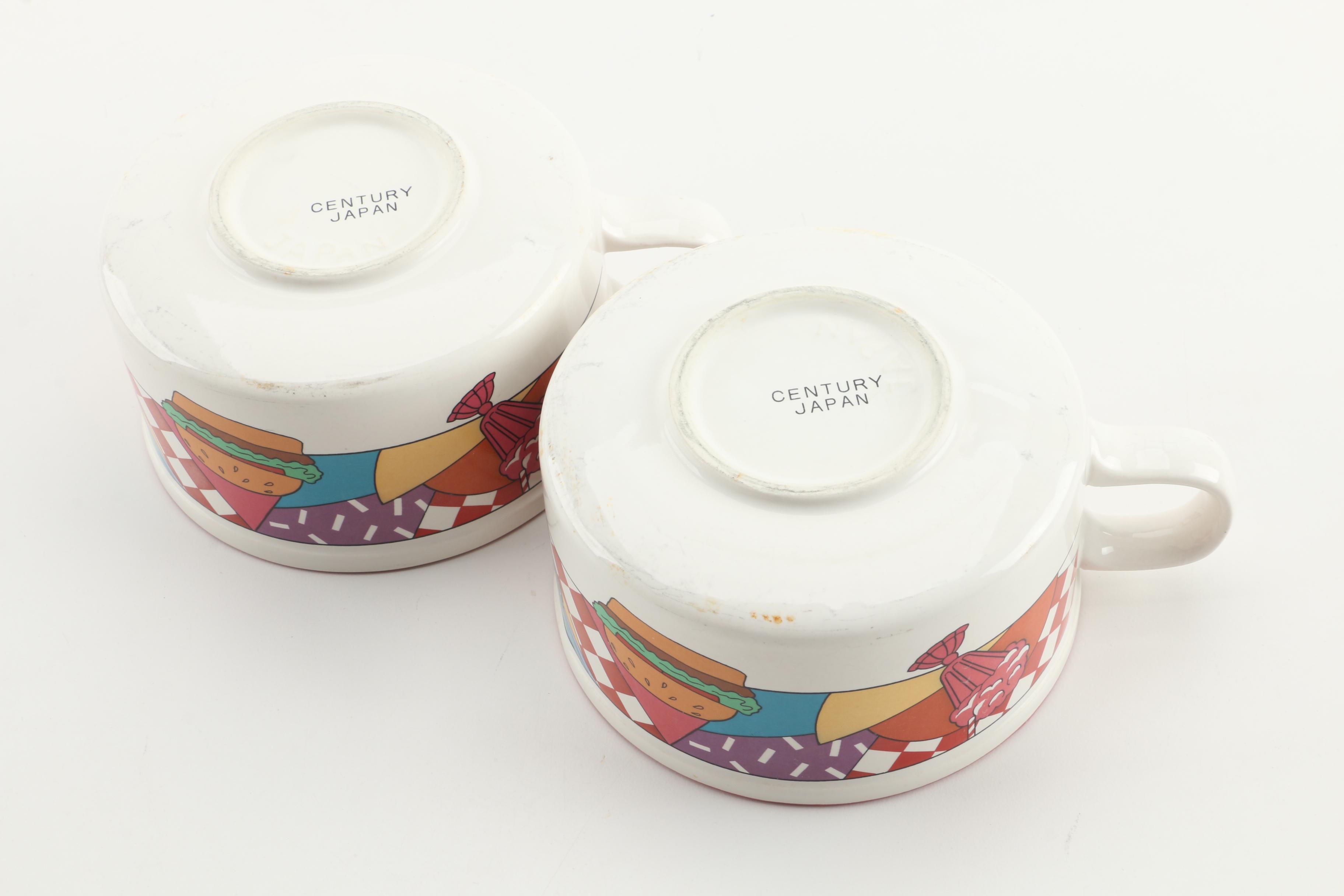 Vintage Diner Themed Ceramic Soup Mugs and Sandwich Plates by Century Japan