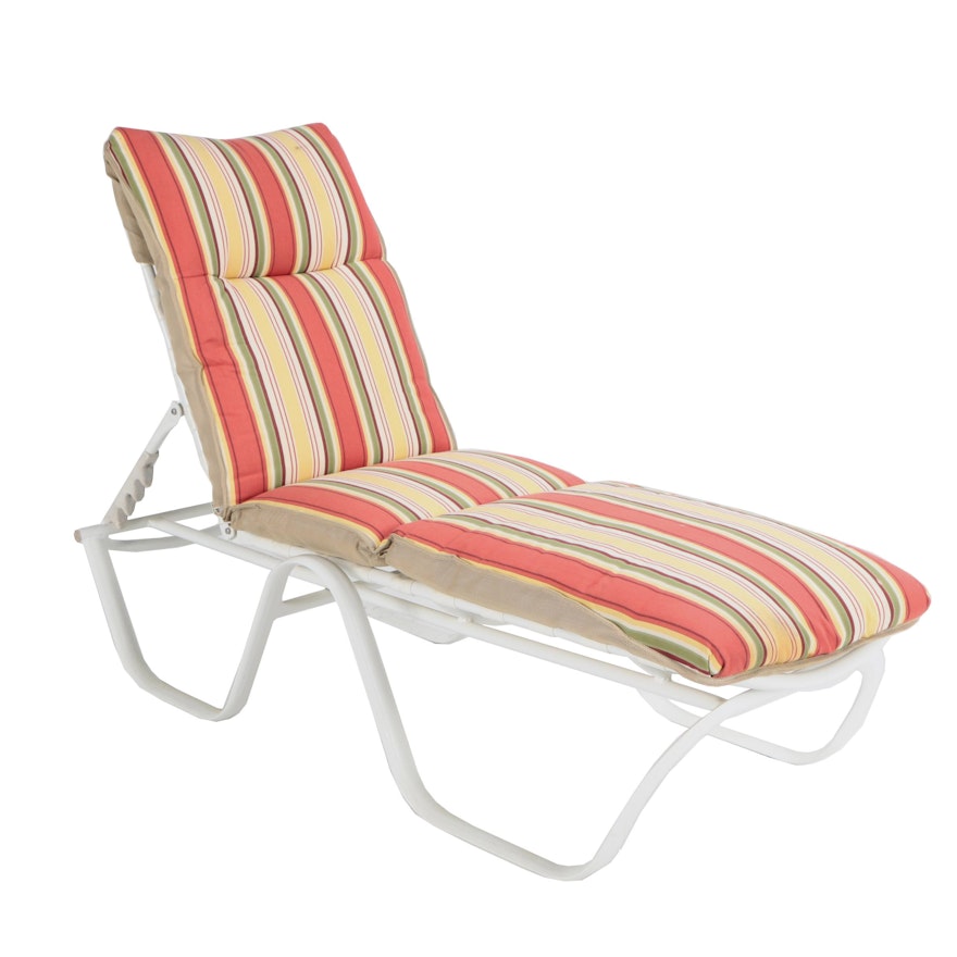 White Metal Patio Chaise Lounge with Striped Cushions