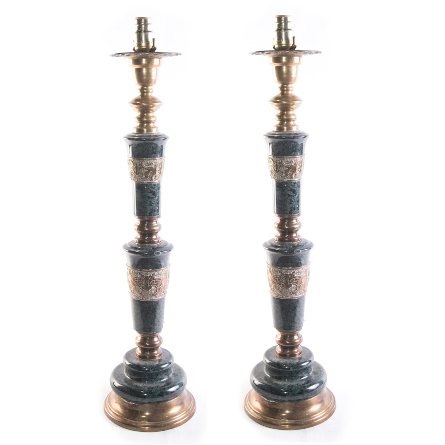 Vintage Brass and Green Marble Table Lamps