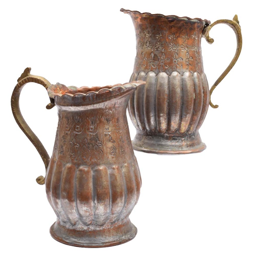 Pair of Vintage Egyptian Embossed Metal & Copper Pitchers