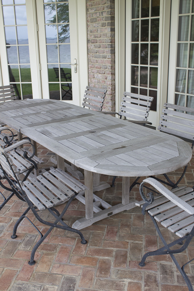 Smith & Hawken Teak Outdoor Dining Table and Chairs With Cast Iron Frames