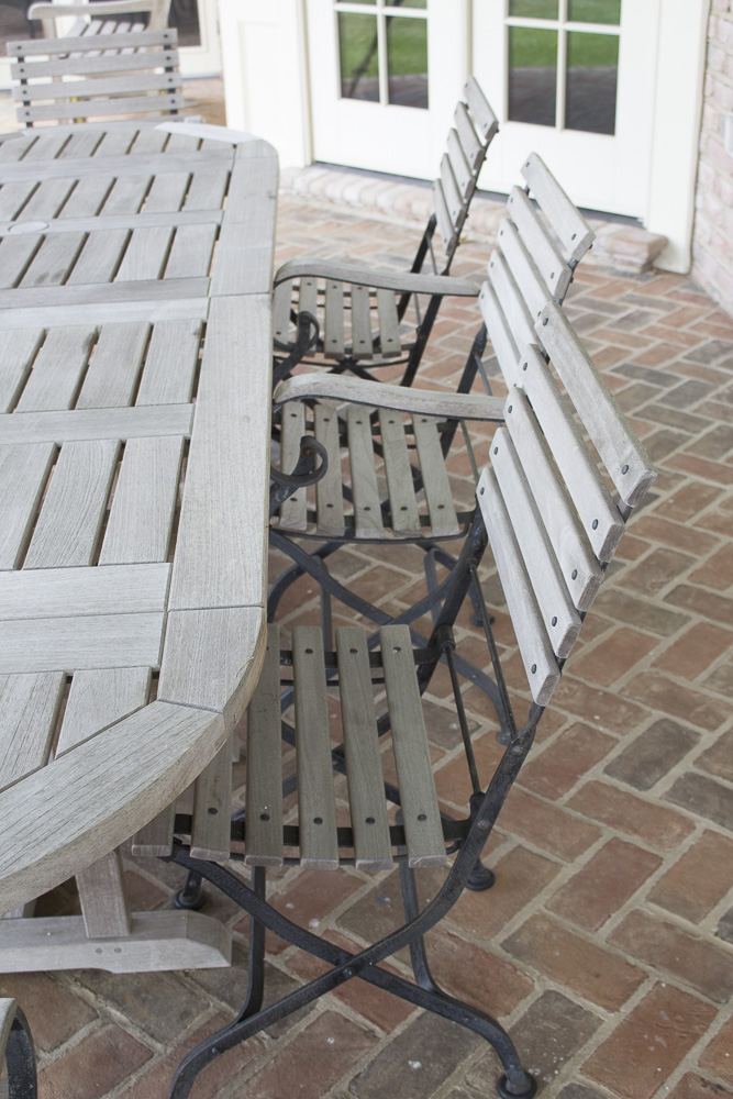 Smith & Hawken Teak Outdoor Dining Table and Chairs With Cast Iron Frames