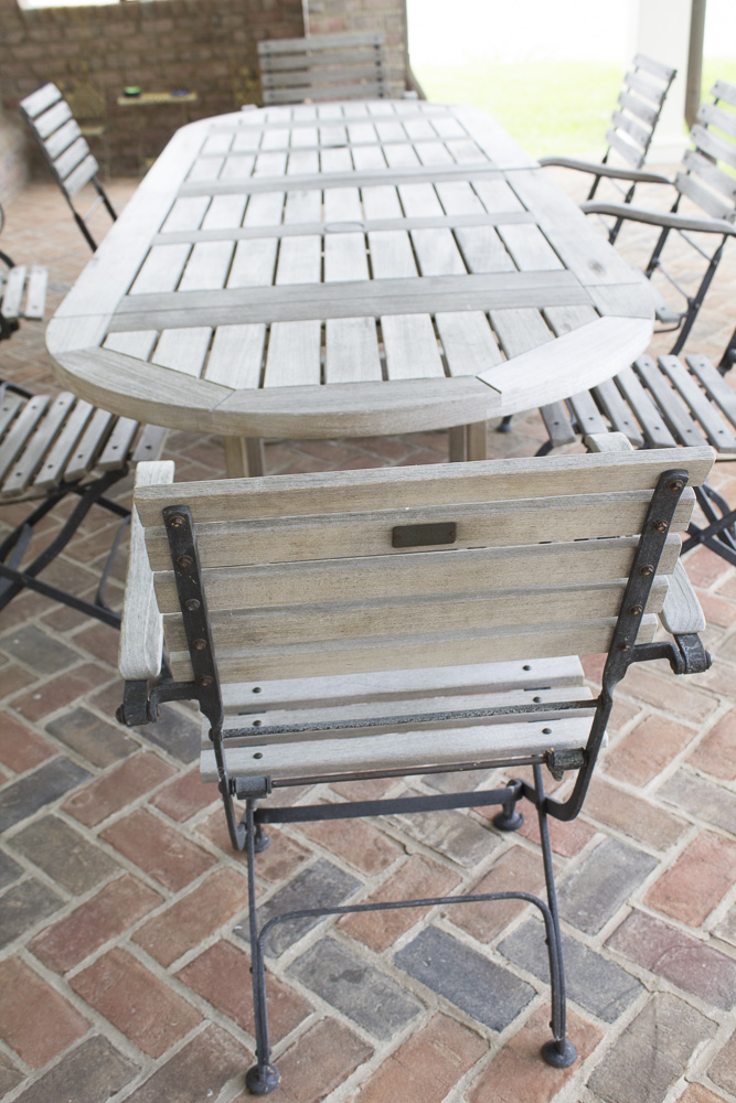 Smith & Hawken Teak Outdoor Dining Table and Chairs With Cast Iron Frames