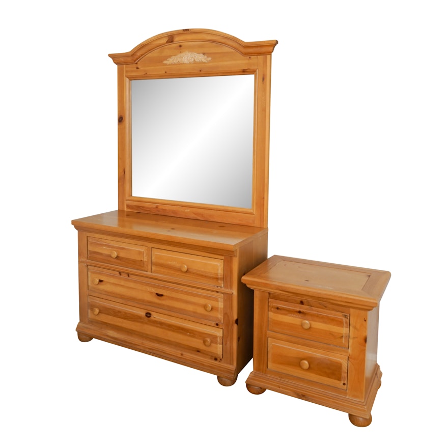 Pine Dresser and Mirror with Nightstand by Broyhill