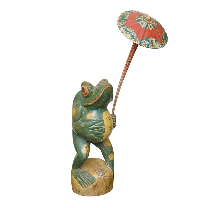 Hand-Painted Frog with Umbrella Carved Wood Statuette
