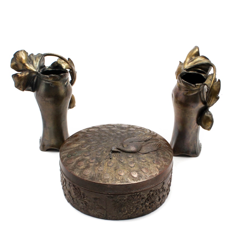 Vintage Art Nouveau Cast Spelter Vases and Trinket Box